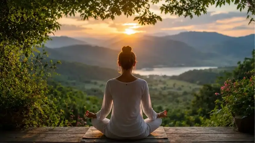uma pessoa meditando em um ambiente natural, com elementos discretos que representem equilíbrio entre corpo, mente e espiritualidade.