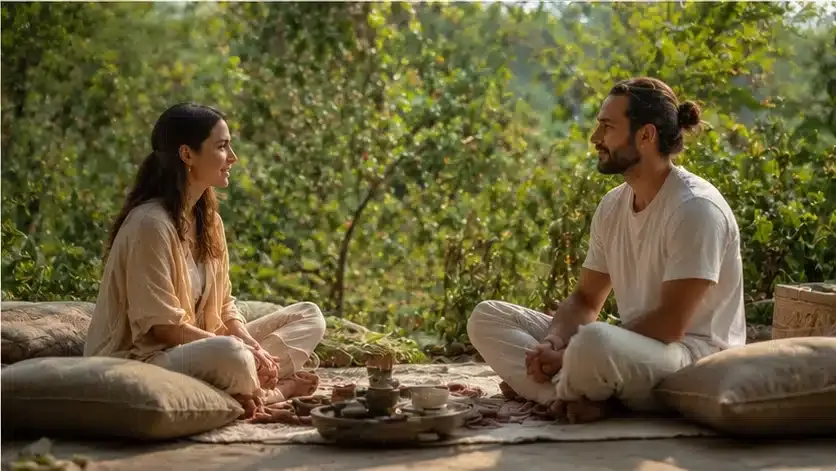 Duas pessoas conversando em ambiente natural representando relacionamentos conscientes