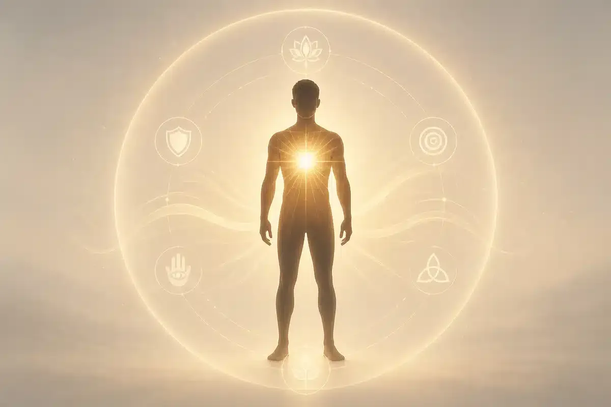 Silhueta humana em postura firme com luz representando a alma e proteção espiritual