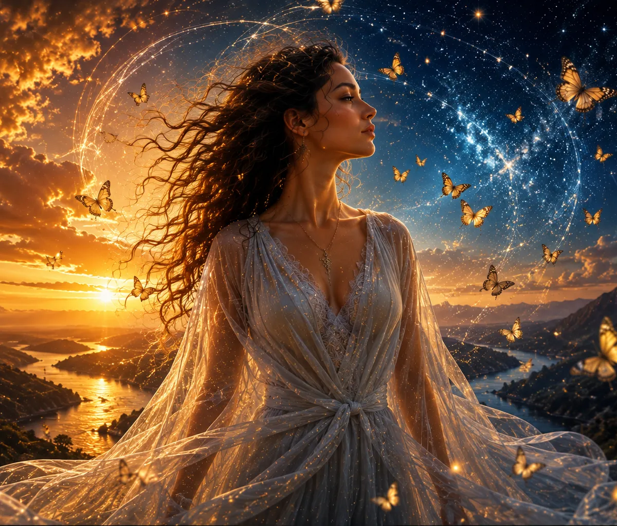 Mulher em cenário natural e celestial, cercada por borboletas, entre o pôr do sol e o céu estrelado, simbolizando a dualidade, curiosidade e transformação de Gêmeos
