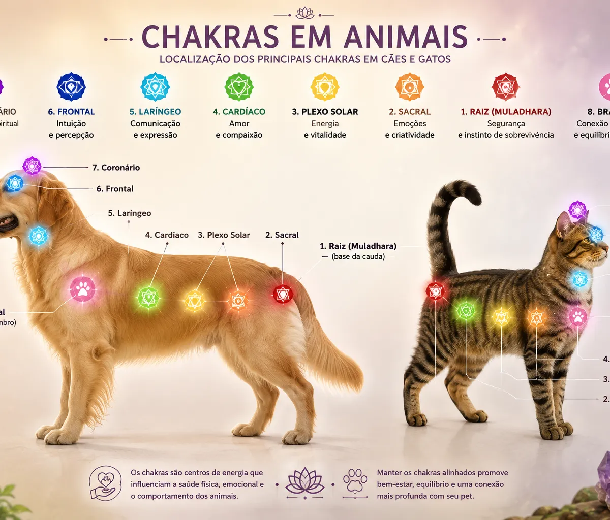 Localização dos chakras em cães e gatos, incluindo o chakra braquial e o chakra raiz