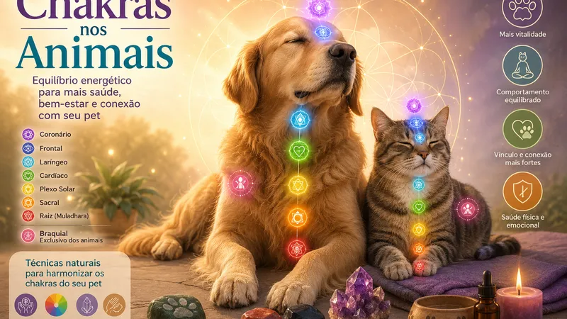 Cão e gato com chakras coloridos destacados no corpo, representando equilíbrio energético, conexão e bem-estar dos animais.