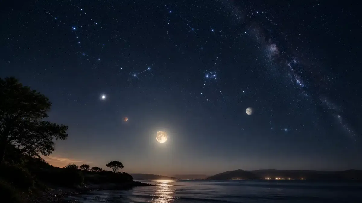 Céu noturno com constelações reais, lua e planetas