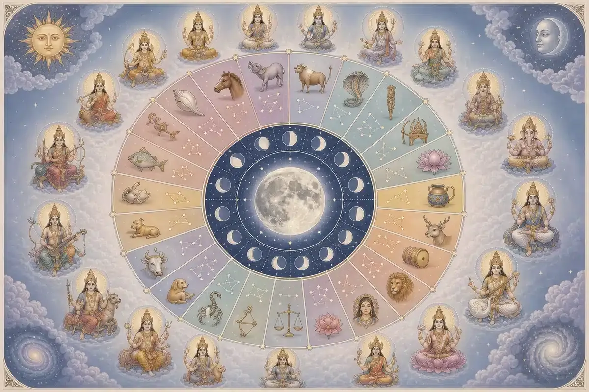 Ilustração dos nakshatras com símbolos das deidades