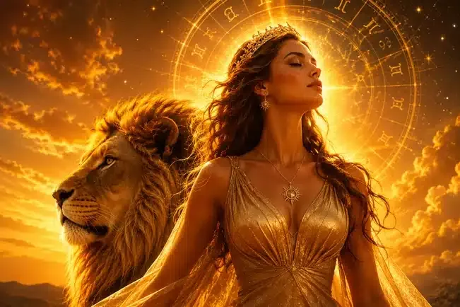 Mulher em vestido dourado ao lado de um leão, sob um céu celestial, simbolizando a força, liderança e autenticidade do signo de Leão