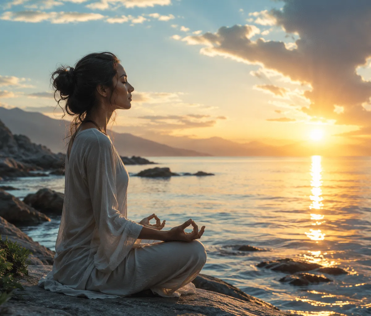 Pessoa meditando junto à natureza ao amanhecer, simbolizando equilíbrio emocional, presença e superação das ilusões de Peixes.