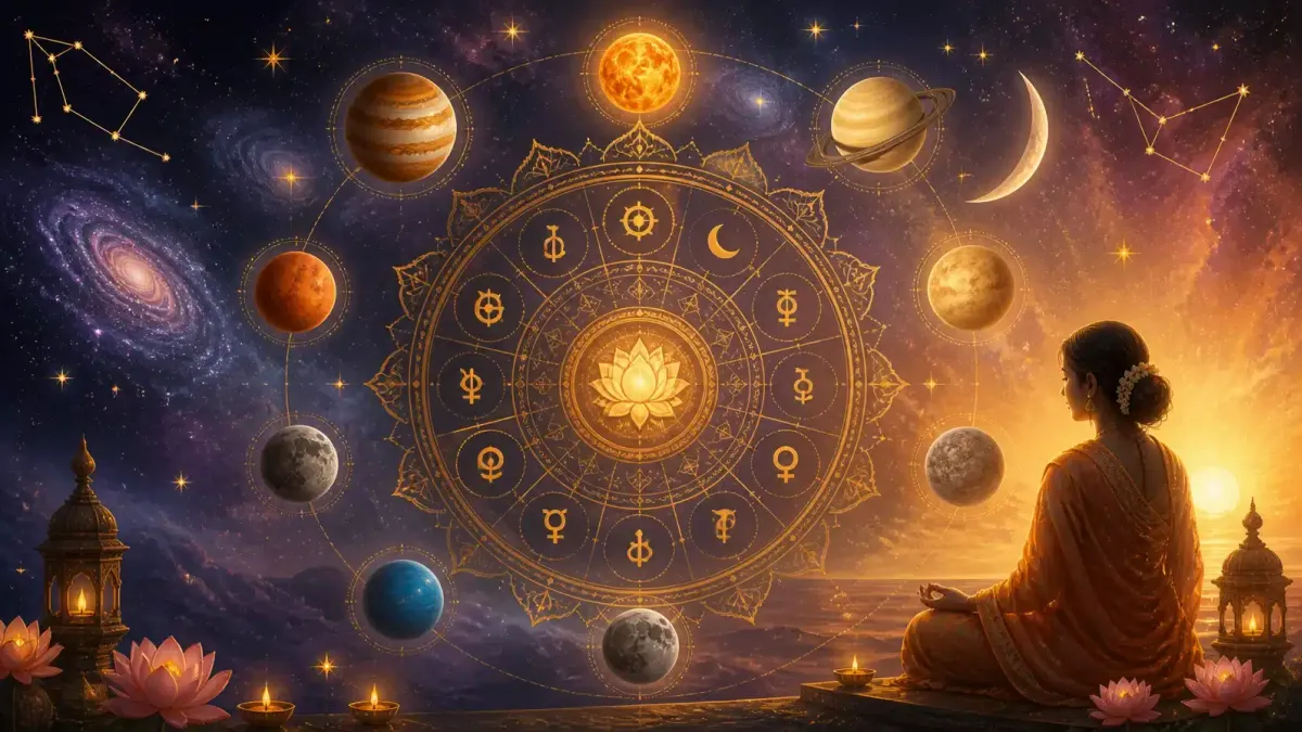 Representação visual da astrologia védica com símbolos planetários e cosmos