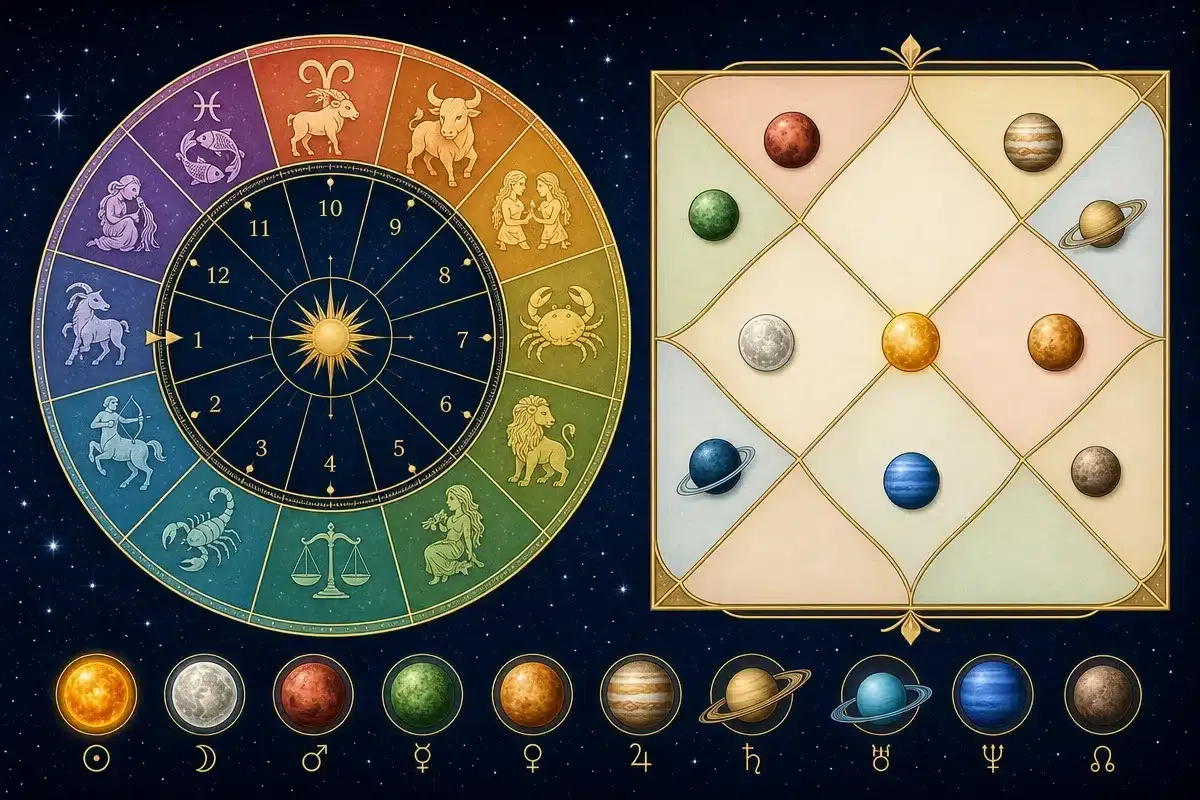 Mapa astral védico com planetas e signos destacados