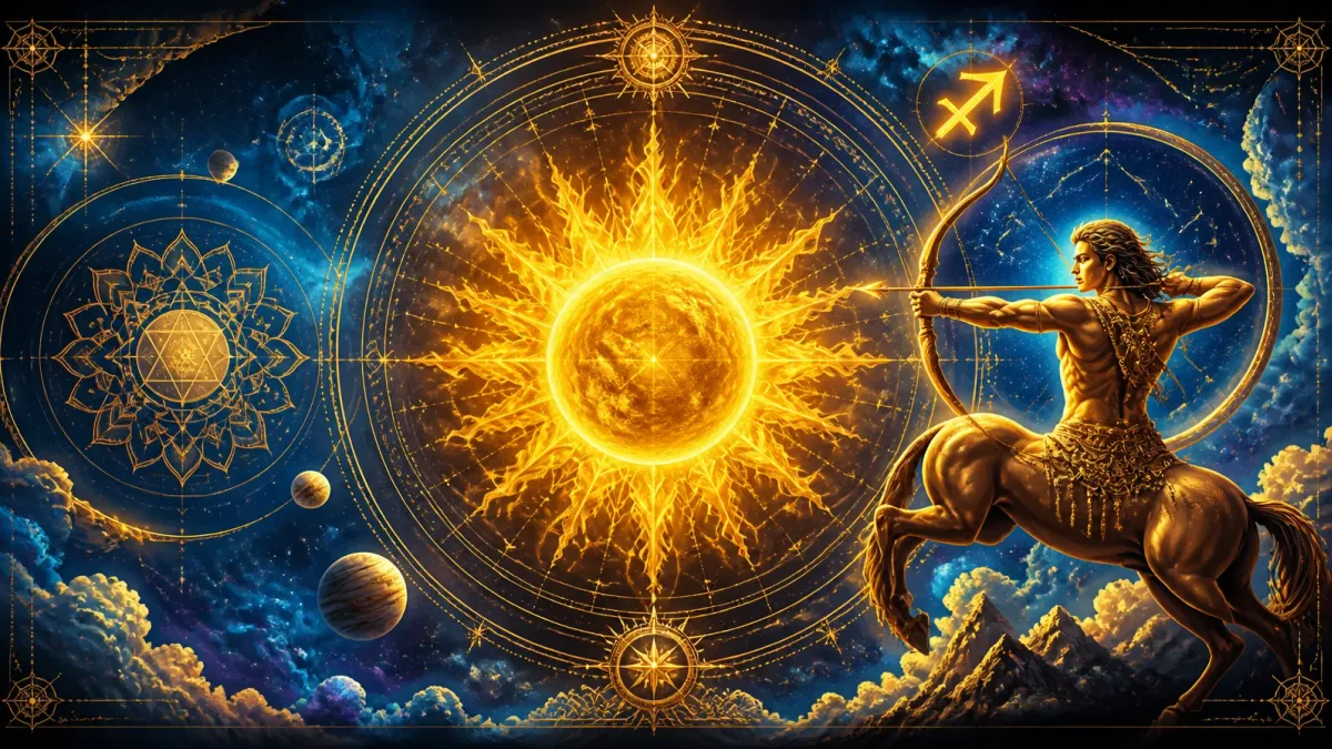 Representação mística do signo de Sagitário com símbolos da astrologia védica e o Sol