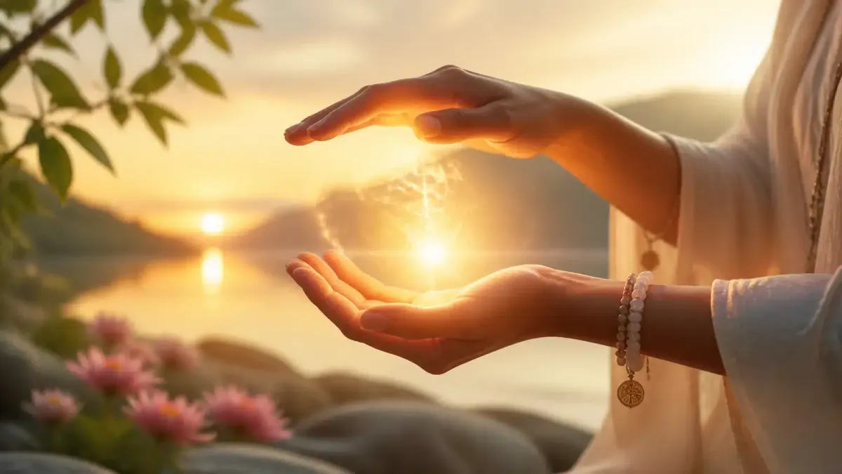 Mãos canalizando energia espiritual com luz suave e elementos naturais