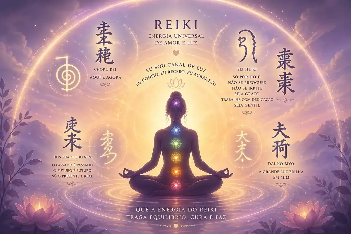 Símbolos e mantras do reik ao redor de uma pessoa em meditação