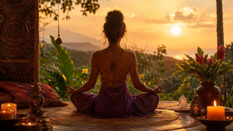 Mulher meditando em ambiente natural ao pôr do sol, cercada por elementos de inspiração tântrica e espiritual