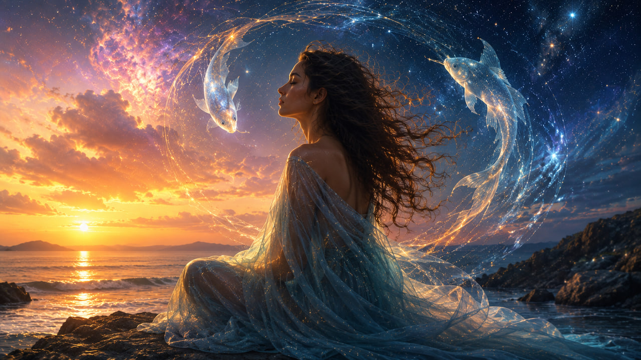 Mulher meditando à beira-mar ao pôr do sol, cercada por peixes luminosos e elementos celestiais, simbolizando a sensibilidade, espiritualidade e busca por equilíbrio de Peixes