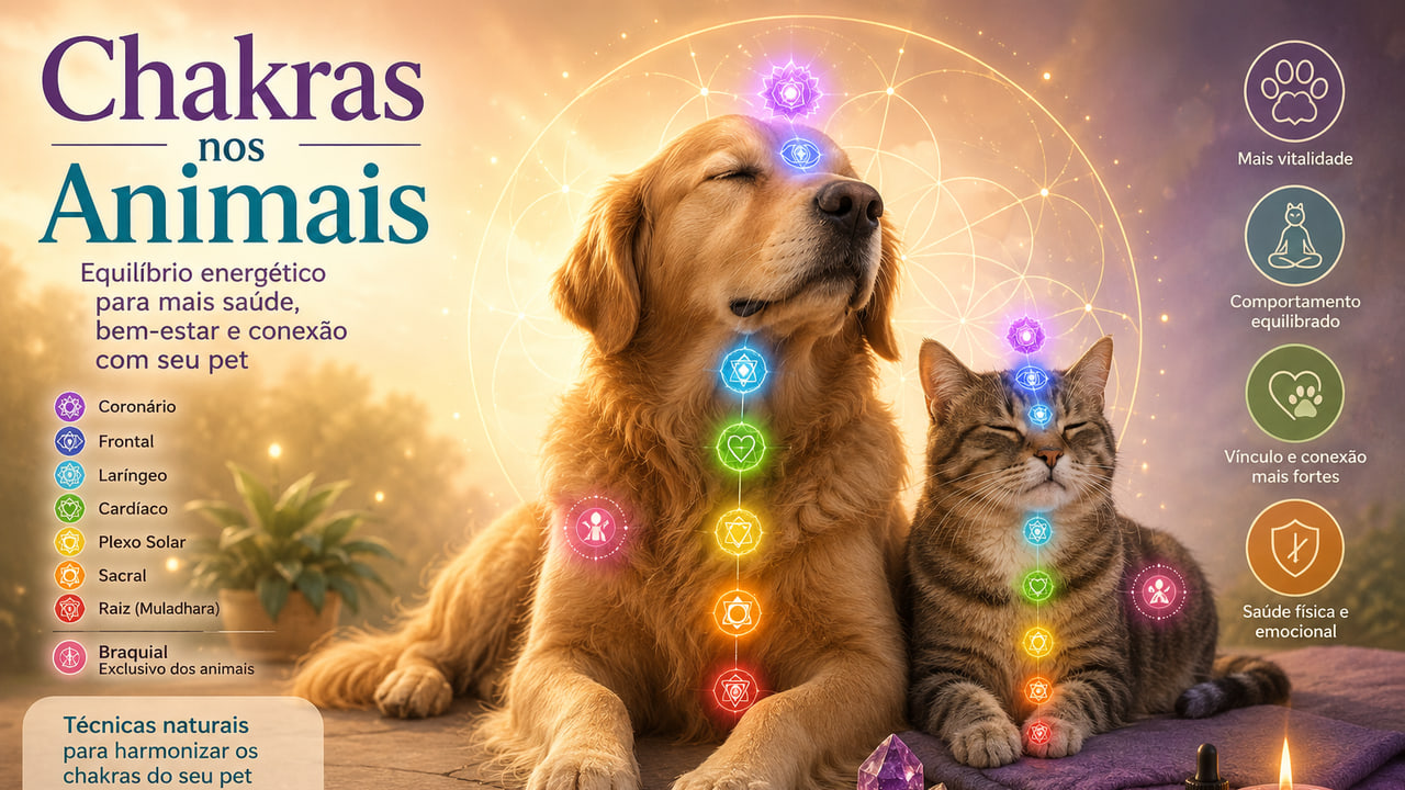 Cão e gato com chakras coloridos destacados no corpo, representando equilíbrio energético, conexão e bem-estar dos animais.