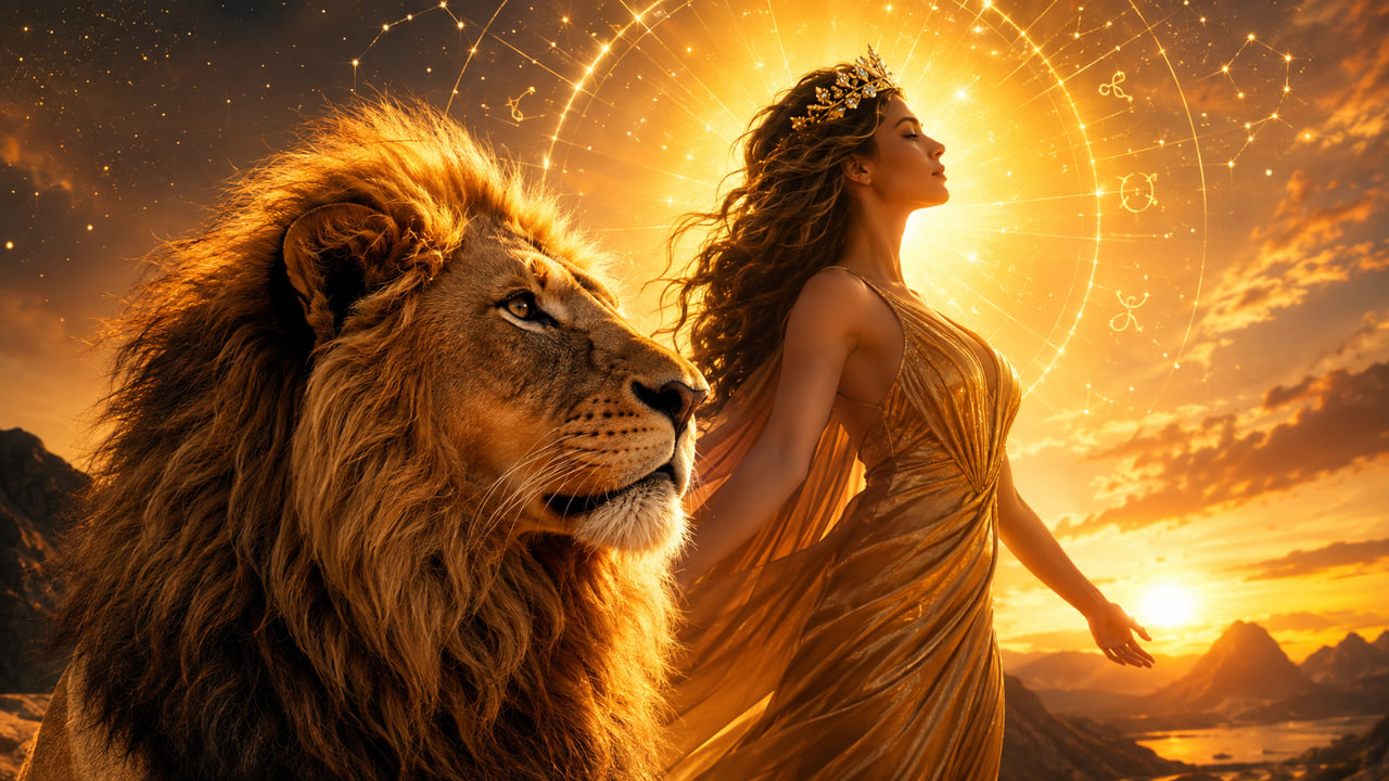 Leão e mulher em cenário dourado e celestial, representando o brilho interior, a autenticidade e o propósito da alma leonina.
