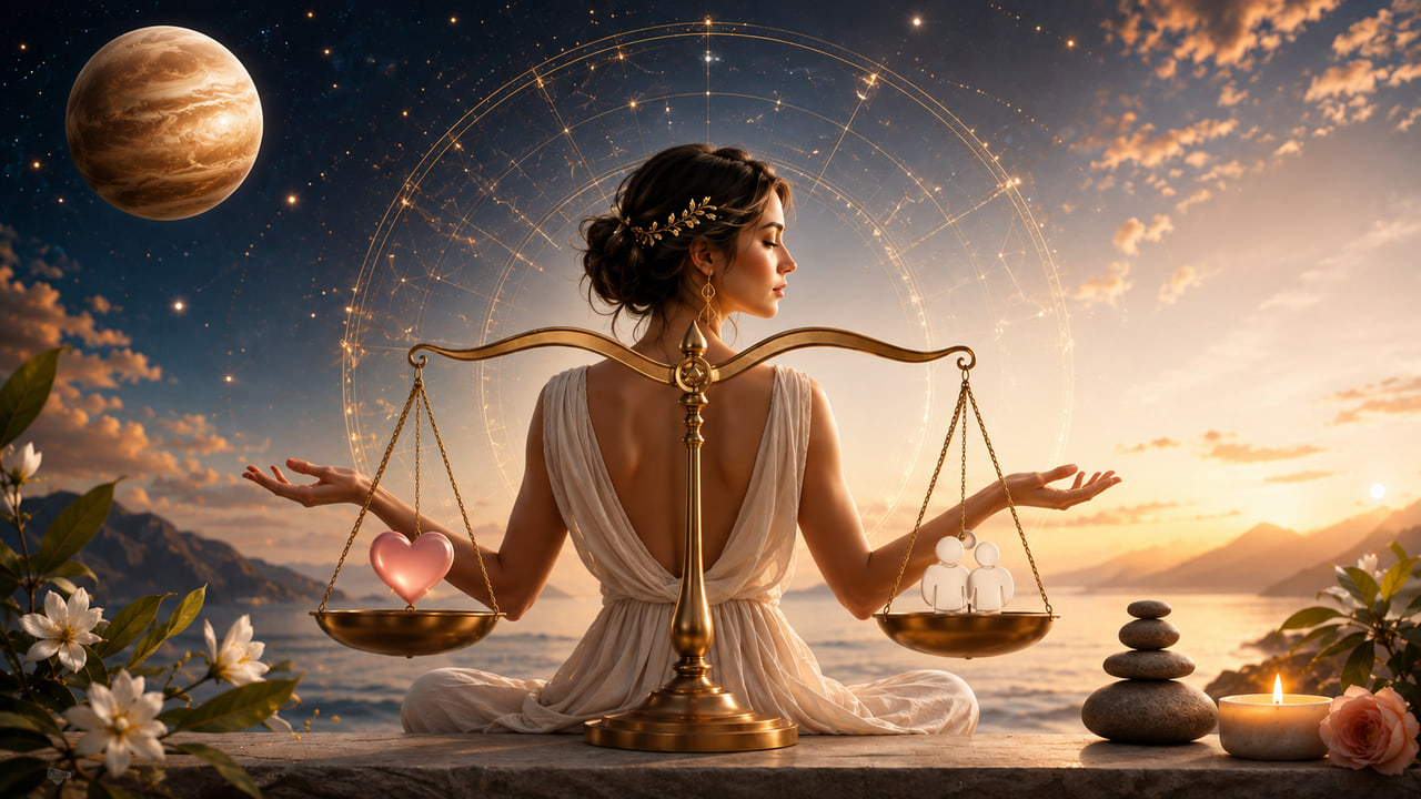 Mulher em cenário místico representa Libra diante de uma balança dourada, simbolizando equilíbrio, harmonia e amor nos relacionamentos