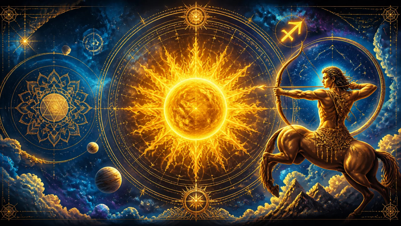 Representação mística do signo de Sagitário com símbolos da astrologia védica e o Sol