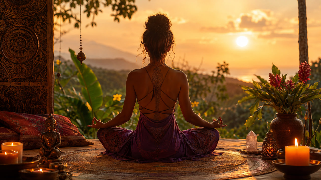 Mulher meditando em ambiente natural ao pôr do sol, cercada por elementos de inspiração tântrica e espiritual